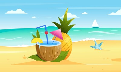 Summer beach, sea coast scene with coconut cocktail, pineapple, ship, starfish. Flat vector illustration, landscape