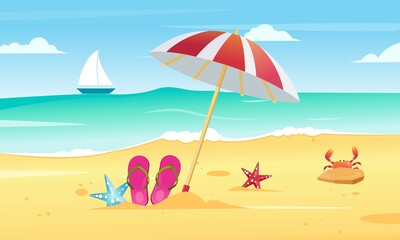 Fototapeta na wymiar Summer beach, sea coast scene with umbrella, flip flops, crab, ship, starfish, Flat vector illustration, landscape