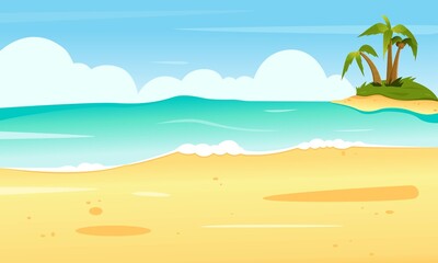 Fototapeta na wymiar Summer beach, seashore scene with island and palm trees. Flat vector illustration, landscape