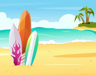 Fototapeta na wymiar Summer paradise scene with surf boards, sea and sand landscape, island with palm trees. Vector illustration art in flat style