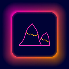 Glowing neon line Mountains icon isolated on black background. Symbol of victory or success concept. Colorful outline concept. Vector