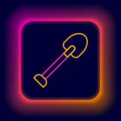 Glowing neon line Shovel icon isolated on black background. Gardening tool. Tool for horticulture, agriculture, farming. Colorful outline concept. Vector