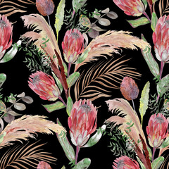 Watercolor seamless pattern with a herbarium of protea flowers and tropical palm leaves