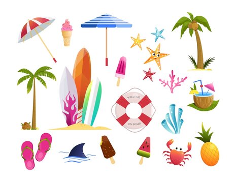Summer vacations set. Umbrella, surf boards, crab, palm trees, flip flops, ice cream, coconut, pineapple. Design elements isolated on white background, flat vector illustration