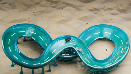 a boat race on the sand. 3d animation on a beach for a summer background with text space. two boats on a track with sea water