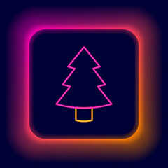 Obraz premium Glowing neon line Christmas tree icon isolated on black background. Merry Christmas and Happy New Year. Colorful outline concept. Vector