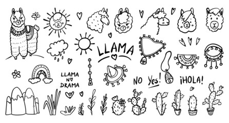 Llama hand-drawn outline Doodles Cartoon Vector Illustration Set. Cute alpaca, animal portraits, cactuses, leaves, jewelry