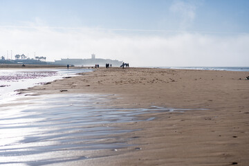 High perspective view of people at Carcavelos beach, near Lisbon, Portugal