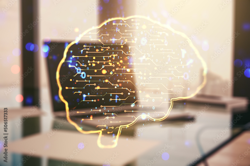 Aufkleber Creative artificial Intelligence concept with human brain sketch on modern computer background. Double exposure