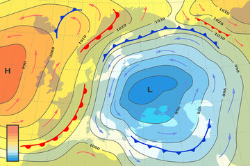 Weather forecast map of Europe. Template of climate generic system map for synoptic prediction with pressure, isobars, movement of meteorology cyclone, direction wind fronts, temperature diagram. - obrazy, fototapety, plakaty