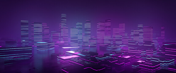 Metaverse cityscape side view - 3d illustration widescreen - obrazy, fototapety, plakaty