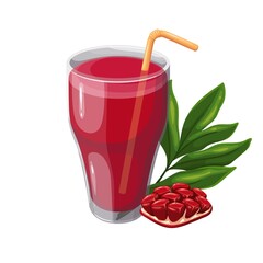 Glass of pomegranate juice and garnet seeds vector illustration in cartoon style.