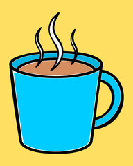 Blue coffee cup with steam. Tea cup vector illustration isolated on yellow background.