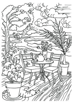 Wooden terrace with table for two tea time. Coloring page. Vacation. Bungalow terrace with Summer landscape seashore beach. Sketch vector illustration 