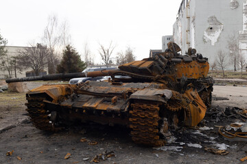 Fototapeta na wymiar Destroyed war tank found at Gostomel airport