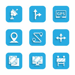 Set Route location, Monitor with marker, Road barrier, traffic sign, Folded map, Location, Gps device and Radar icon. Vector