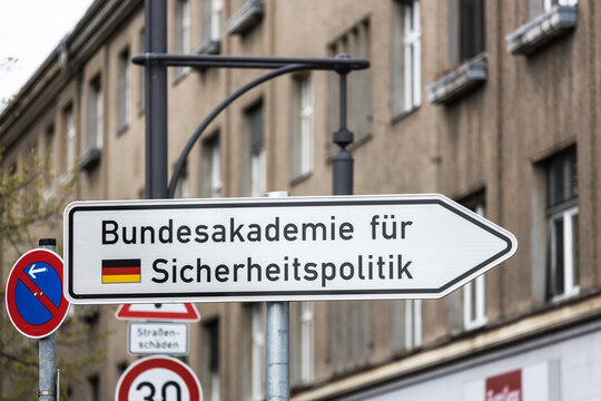berlin,berlin /germany - 21 04 2022: a sign of the german bundesakadamie für sicherheitspolitik near berlin germany