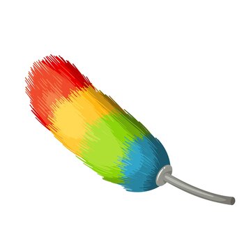 recommend clip art: Fluffy dust colorful brush with handle color vector illustration. House cleaning rainbow tool in cartoon style, isolated