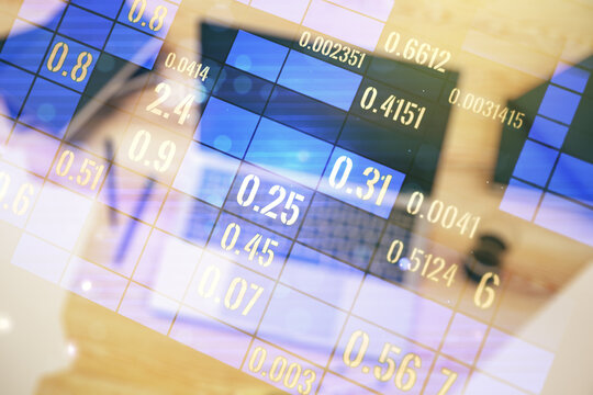 Multi exposure of abstract statistics data hologram interface on computer background, computing and analytics concept