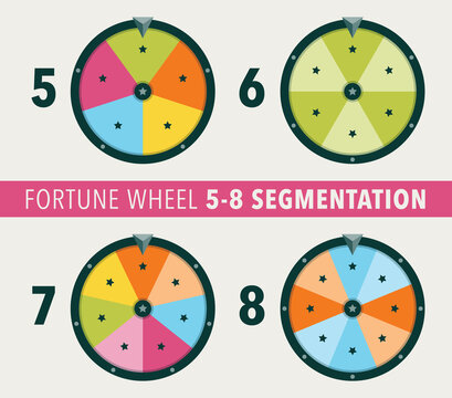 Collection of fortune wheel flat illustrations. 5, 6, 7 and 8 segmentation fortune wheel objects.