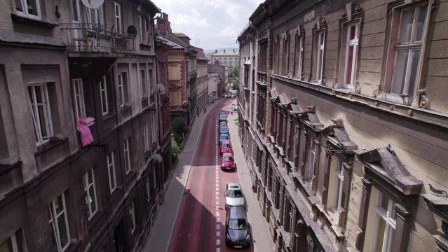 Bielsko-Biala from a drone on a sunny day. Town Hall and the characteristic buildings in the city.