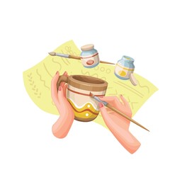 Artist drawing patterns on handmade ceramic mug vector character isolated. Clay dish cartoon style illustration