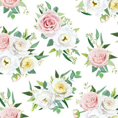 Floral seamless pattern, textile fabric, background. Beautiful ivory white lisanthus flowers, yellow garden roses, jasmine, green seeded eucalyptus leaves bouquet. Tender, feminine vector illustration