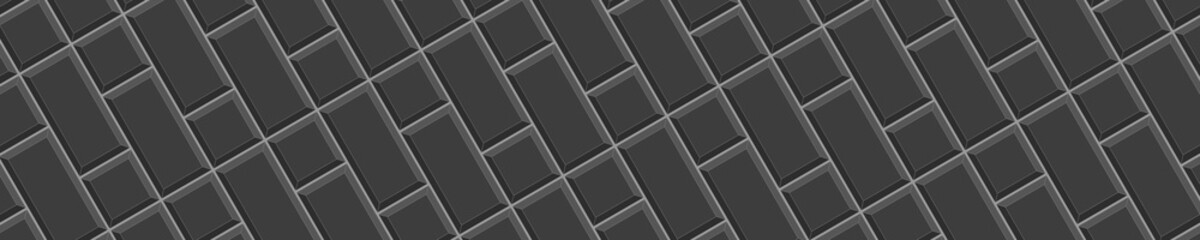 Black squares and rectangles tile in diagonal arrangement. Ceramic or stone brick wall background. Kitchen backsplash or bathroom floor seamless pattern. Facade texture. Vector flat illustration