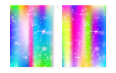 Fototapeta na wymiar Princess background with kawaii rainbow gradient. Magic unicorn hologram.