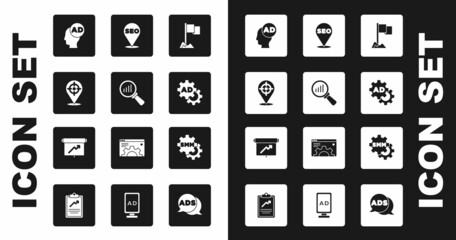 Set Location marker, Magnifying glass and analysis, Target sport, Advertising, SEO optimization, Social media marketing and Board with graph chart icon. Vector