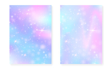 Rainbow background with kawaii princess gradient. Magic unicorn hologram.
