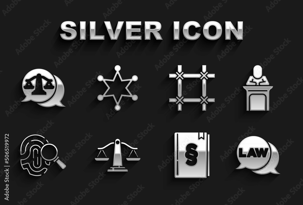 Poster set scales of justice, judge, law, book, fingerprint, prison window, and hexagram sheriff icon. vect