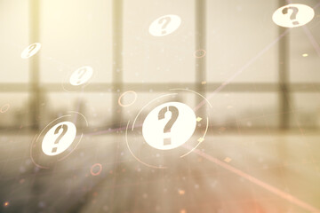 Abstract virtual question mark sketch on empty room interior background, FAQ and research concept....
