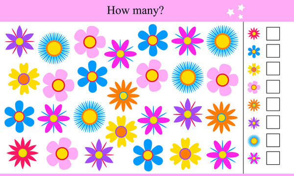 How many flowers? Educational game for children. Vector illustration