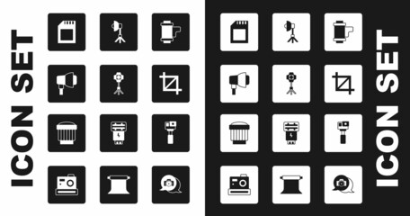 Set Camera roll cartridge, Softbox light, SD card, Picture crop photo, Action camera and lens icon. Vector