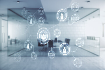Obraz premium Abstract virtual social network concept on a modern furnished office background. Multiexposure