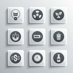 Set Clock, Bottle, Trash can, Battery, Dollar symbol, Magnet, Delicate wash and Plant based icon. Vector