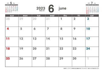 令和5年2023年6月カレンダー素材イラスト　テンプレートデータ｜3ヶ月表示　ベクター　2023 calendar