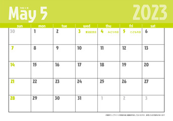令和5年2023年5月　モダン　カレンダー素材イラスト　テンプレートデータ　ベクター　2023 calendar