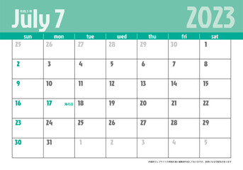 令和5年2023年7月　モダン　カレンダー素材イラスト　テンプレートデータ　ベクター　2023 calendar