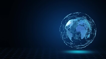 Tech earth globalization in 3d animation. Global Business dots on rotating planet. - Powered by Adobe