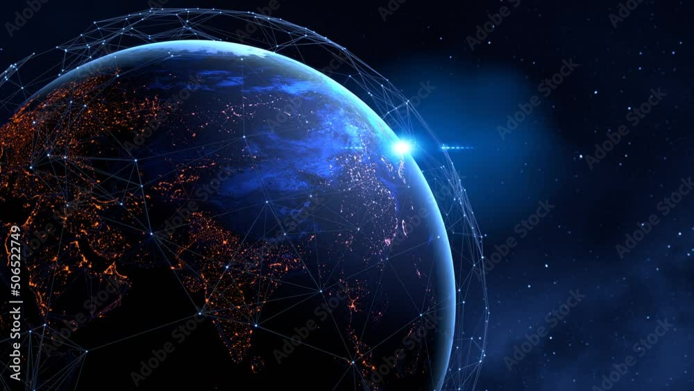 Wall mural tech earth globalization in 3d animation. global business dots on rotating planet.