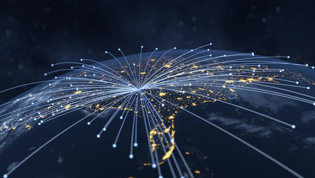 Tech earth globalization in 3d animation. Global Business dots on rotating planet.