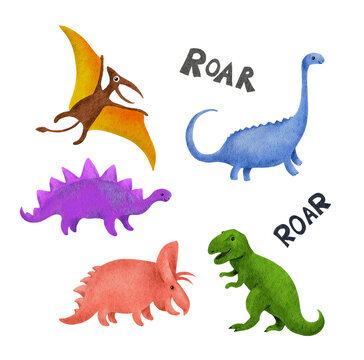 Set of cute dinosaur childish style. T-rex, tricaratops, pterodactyl, diplodocus, stegosaurus. Watercolor naive dino clip art bundle for kids design