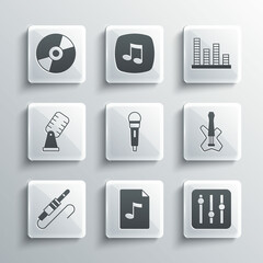 Set MP3 file document, Sound mixer controller, Electric bass guitar, Microphone, Audio jack, Vinyl disk and Music equalizer icon. Vector