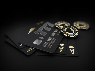 3d Rendering of casino gold chips and black play cards with bank card