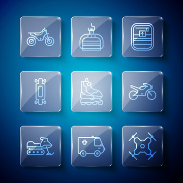 Set line Snowmobile, Ambulance and emergency car, Drone flying, First aid kit, Roller skate, Longboard or skateboard, Mountain bike and Motorcycle icon. Vector