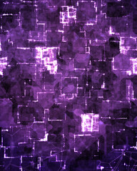 A purple cyberpunk background with electronic grid and circuits.