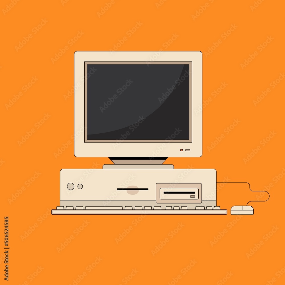 Wall mural old pc with monitor keyboard and mouse in flat style. retro computer. nostalgia for 1990s