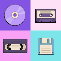 Retro floppy disk, compact disc, vintage cassette, video record icons in flat style isolated on color background. Back to 90s. Nostalgia for 1990s equipment